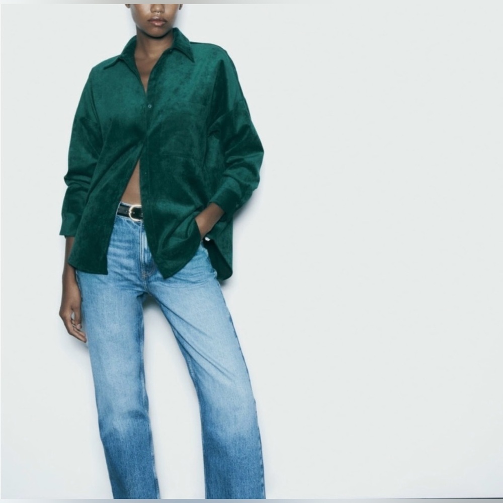 Zara Fine-Waled Oversized Corduroy Shirt in Green Size S